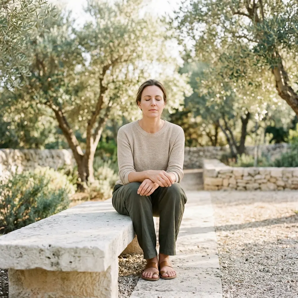 Woman with closed eyes and hands clasped on her knee, sitting on a stone bench in an olive grove