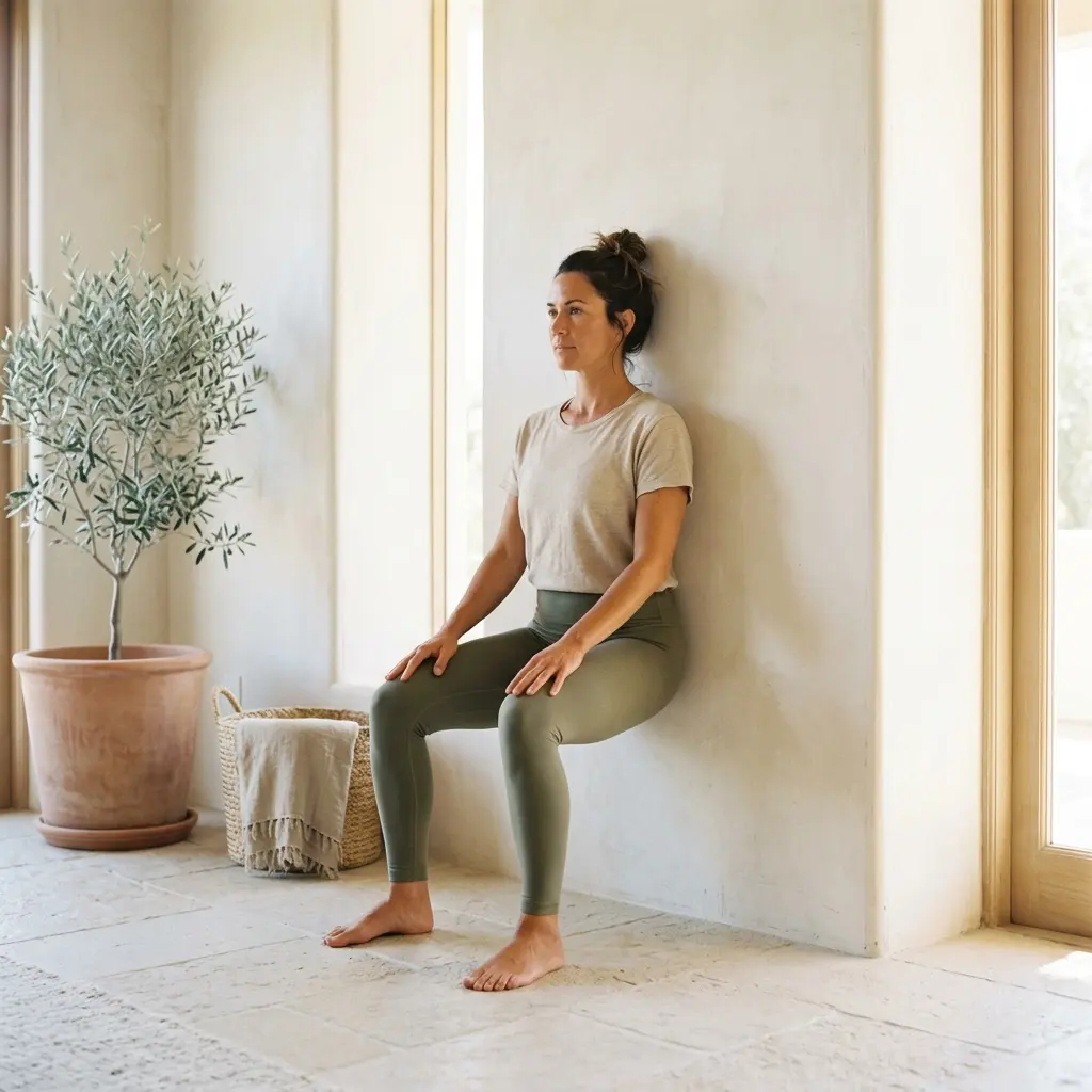 Woman in green leggings holding a wall sit against a plaster wall next to a potted olive tree