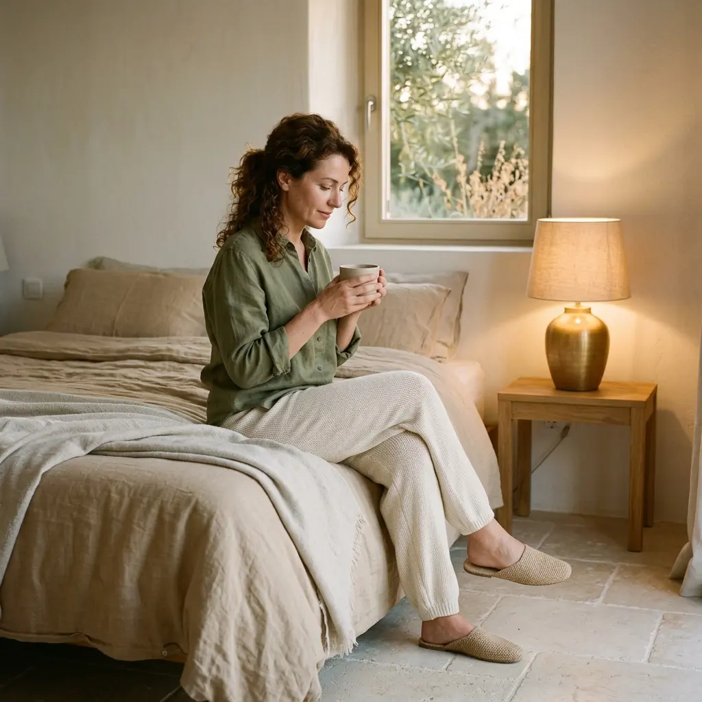 Woman in green shirt and knit trousers sitting on a linen-covered bed holding a mug beside a lit lamp