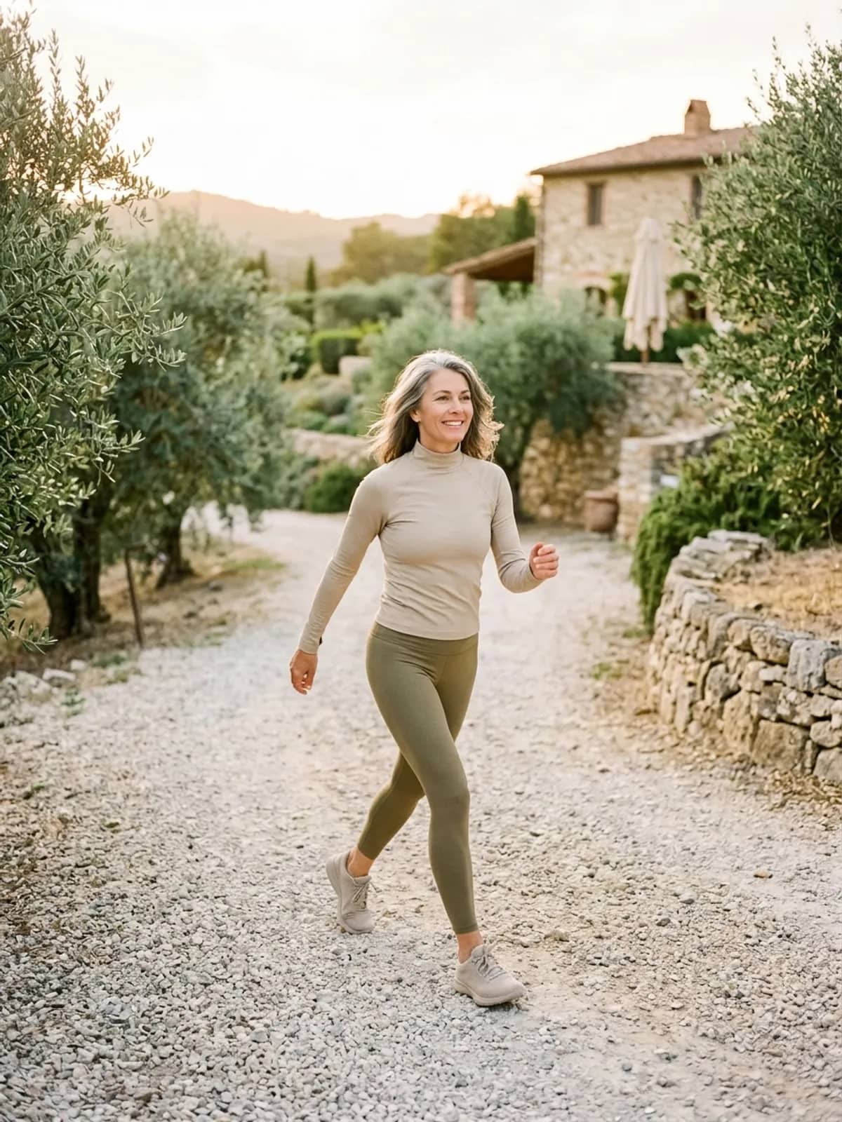 Smiling grey-haired woman in a beige top and olive leggings walking briskly on a gravel path past olive trees
