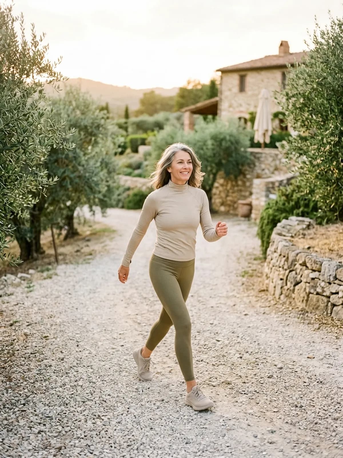 Smiling grey-haired woman in a beige top and olive leggings walking briskly on a gravel path past olive trees