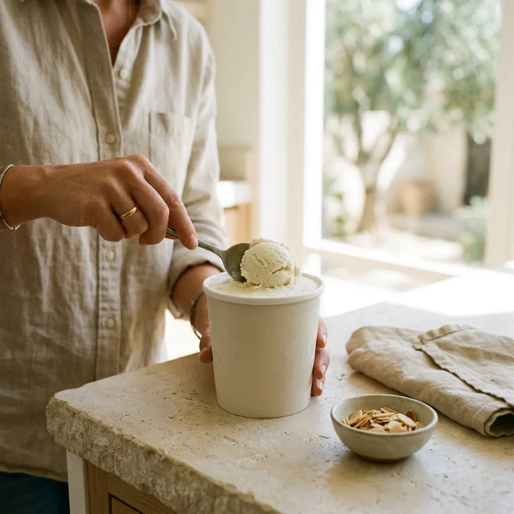 Hand scooping a round scoop of pale ice cream from a white pint tub on a stone counter, bowl of sliced almonds beside it