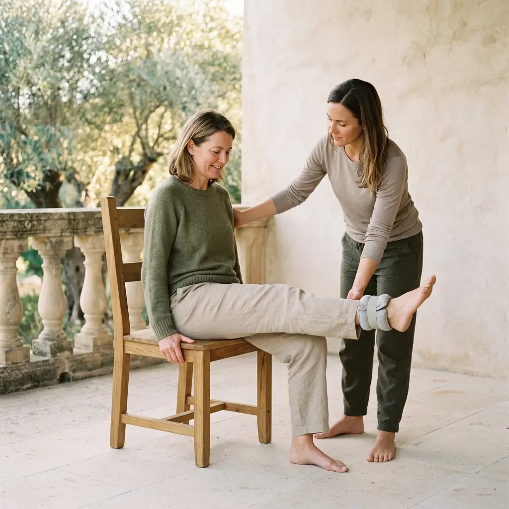 Seated woman lifting a leg with an ankle weight while a therapist supports her, on a terrace with a stone balustrade