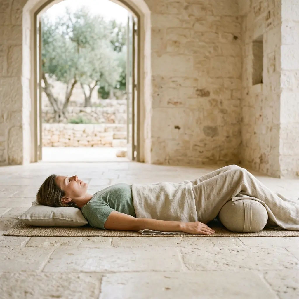 Woman lying on her back on a jute mat with a pillow and a bolster under her knees in a stone room