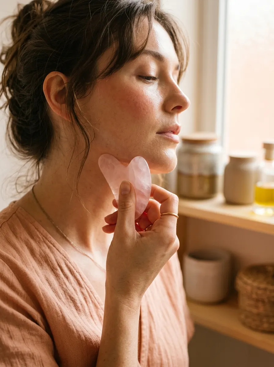 Woman with eyes closed smoothing a rose quartz gua sha stone along her jaw by a sunny shelf
