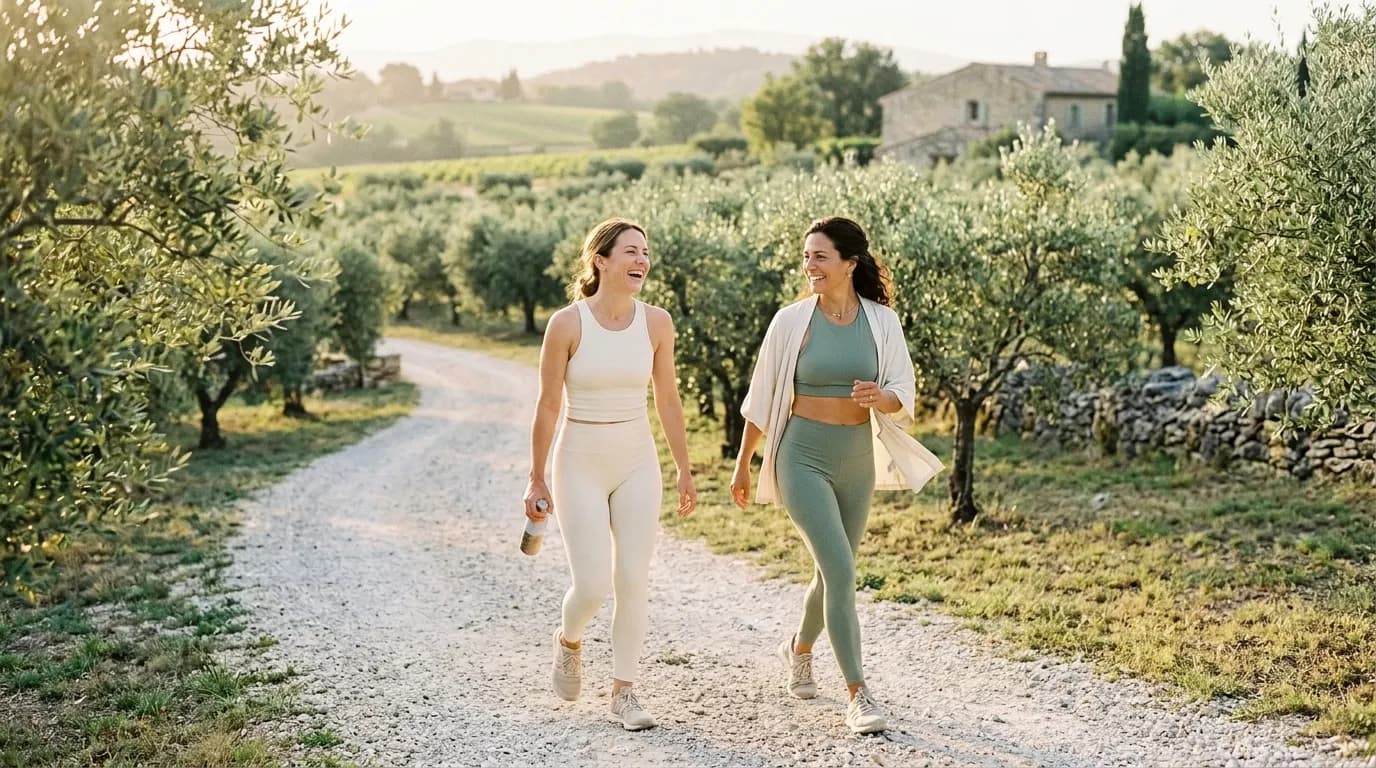 Two smiling women in leggings walking side by side on a gravel path through an olive grove