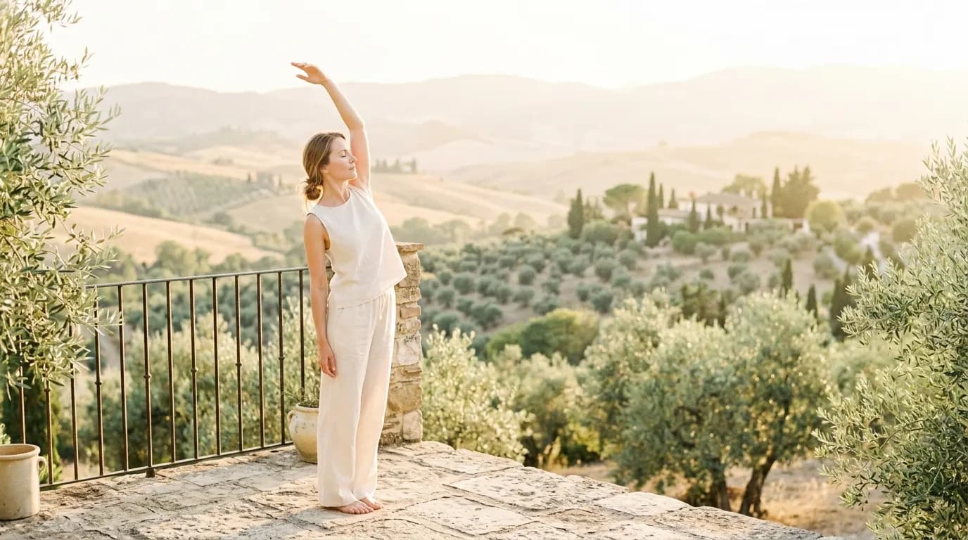 Woman in white linen stretching one arm overhead on a stone terrace above olive groves