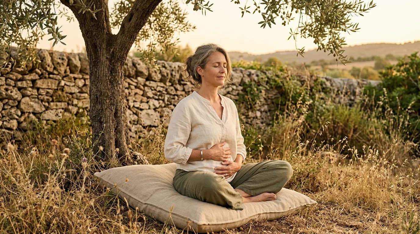 Woman sitting on a linen cushion under an olive tree, eyes closed, hands resting on her belly