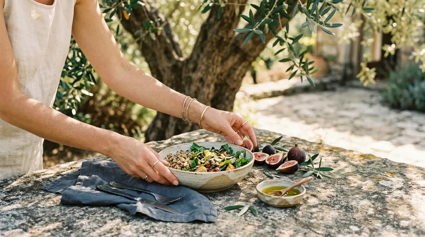 Hands setting down a stoneware bowl of grain salad on a stone table with fresh figs and olive oil