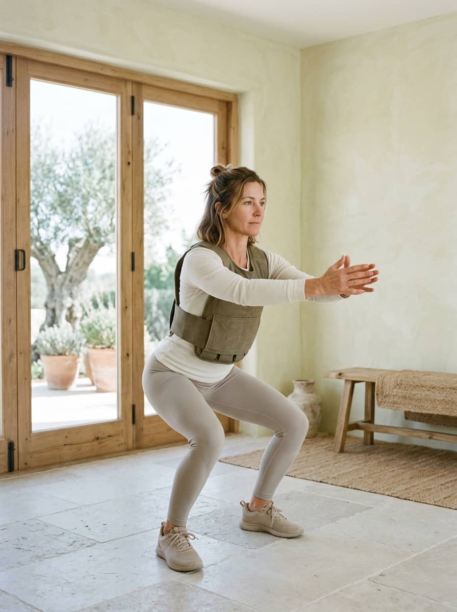 Woman in an olive weighted vest and grey leggings doing a bodyweight squat with arms forward in a bright room
