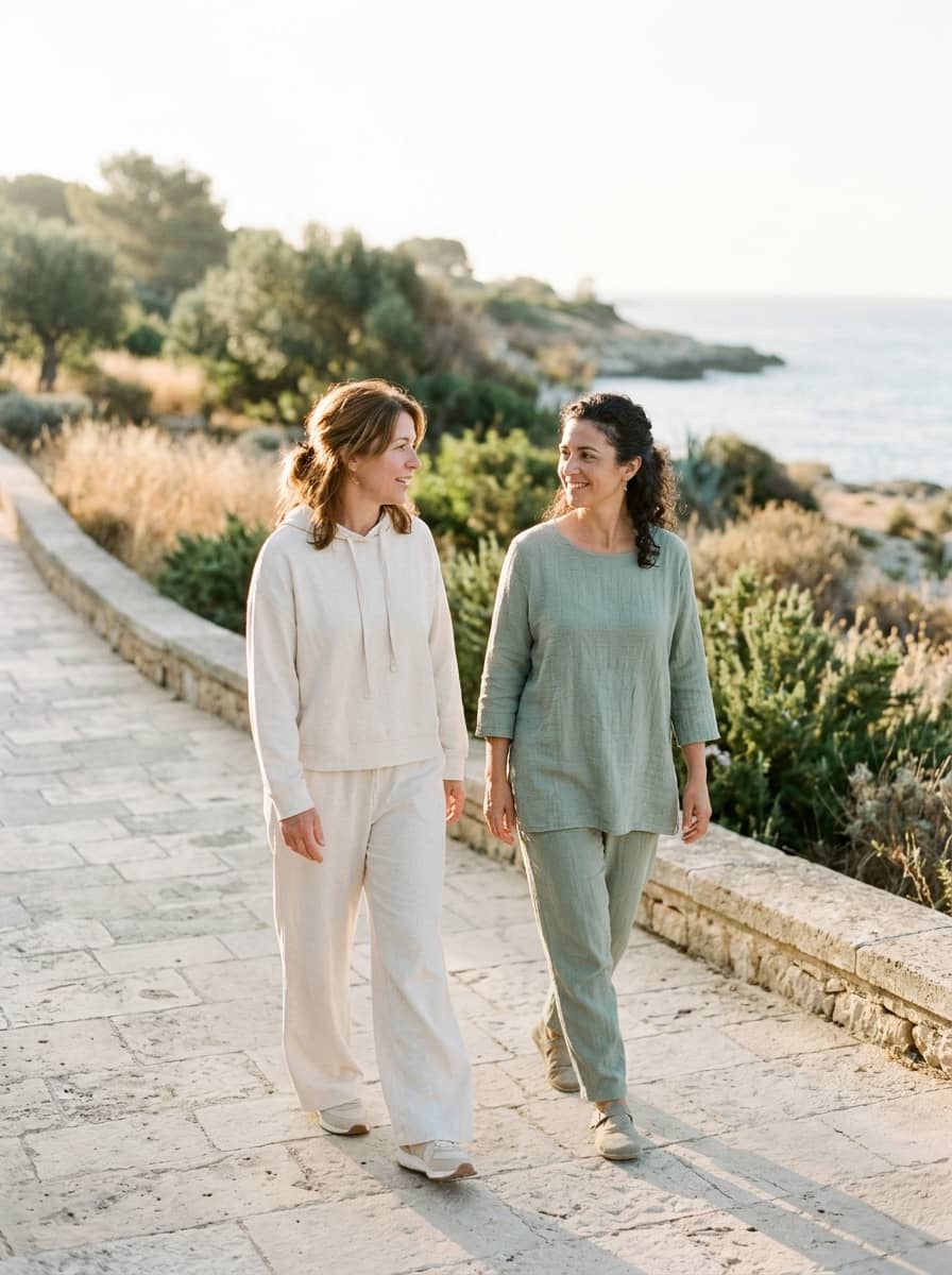 Two women in linen and sage clothes walking and smiling at each other along a stone path beside a sea coastline