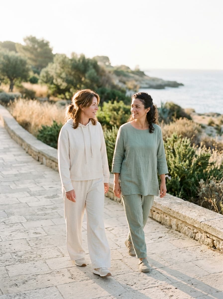 Two women in linen and sage clothes walking and smiling at each other along a stone path beside a sea coastline