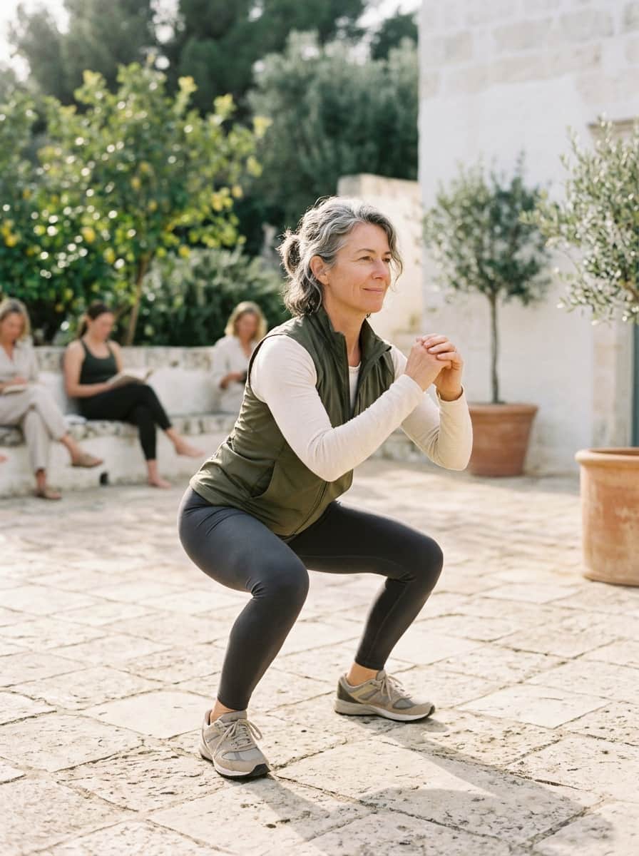 Woman in a green vest and leggings in a squat with hands clasped, on a stone terrace with women reading behind her