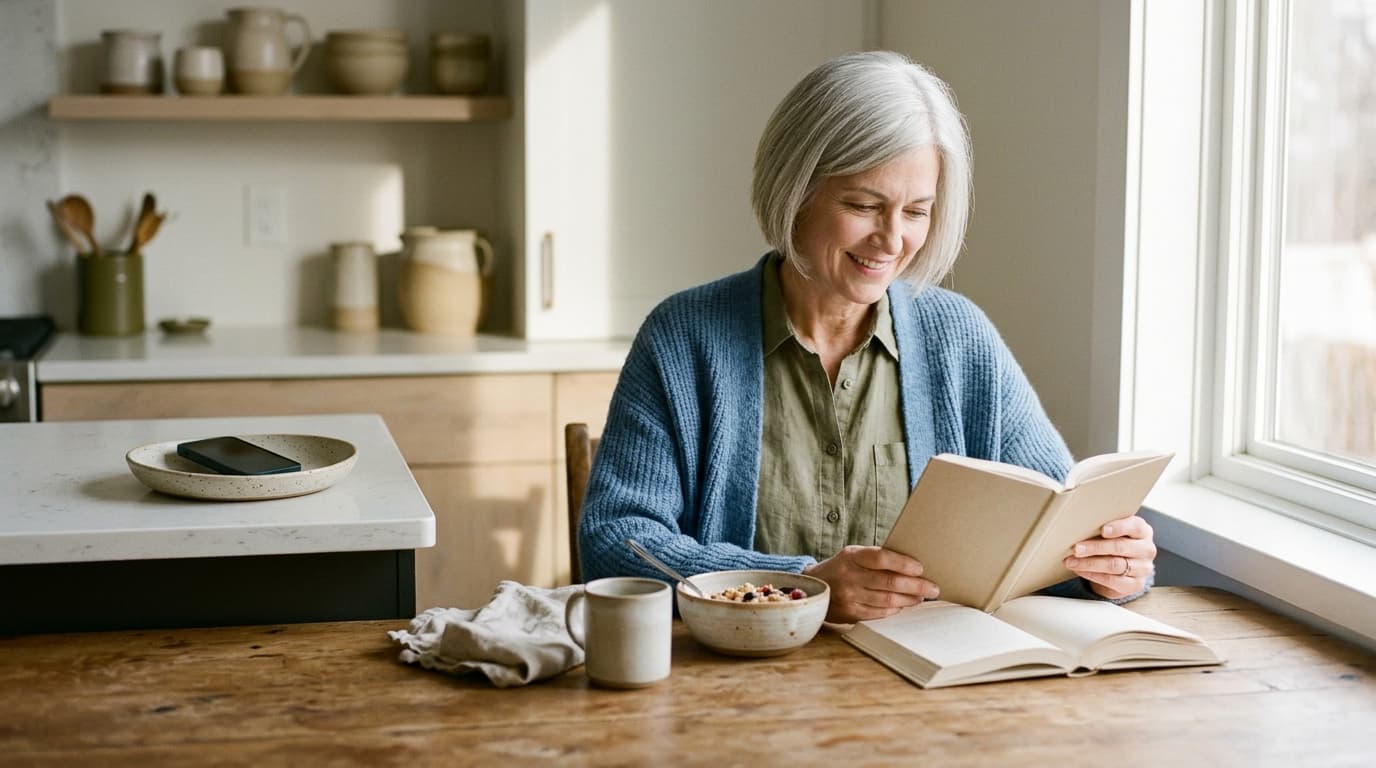 Woman in her mid 50s with a short silver bob, wearing a soft blue cardigan