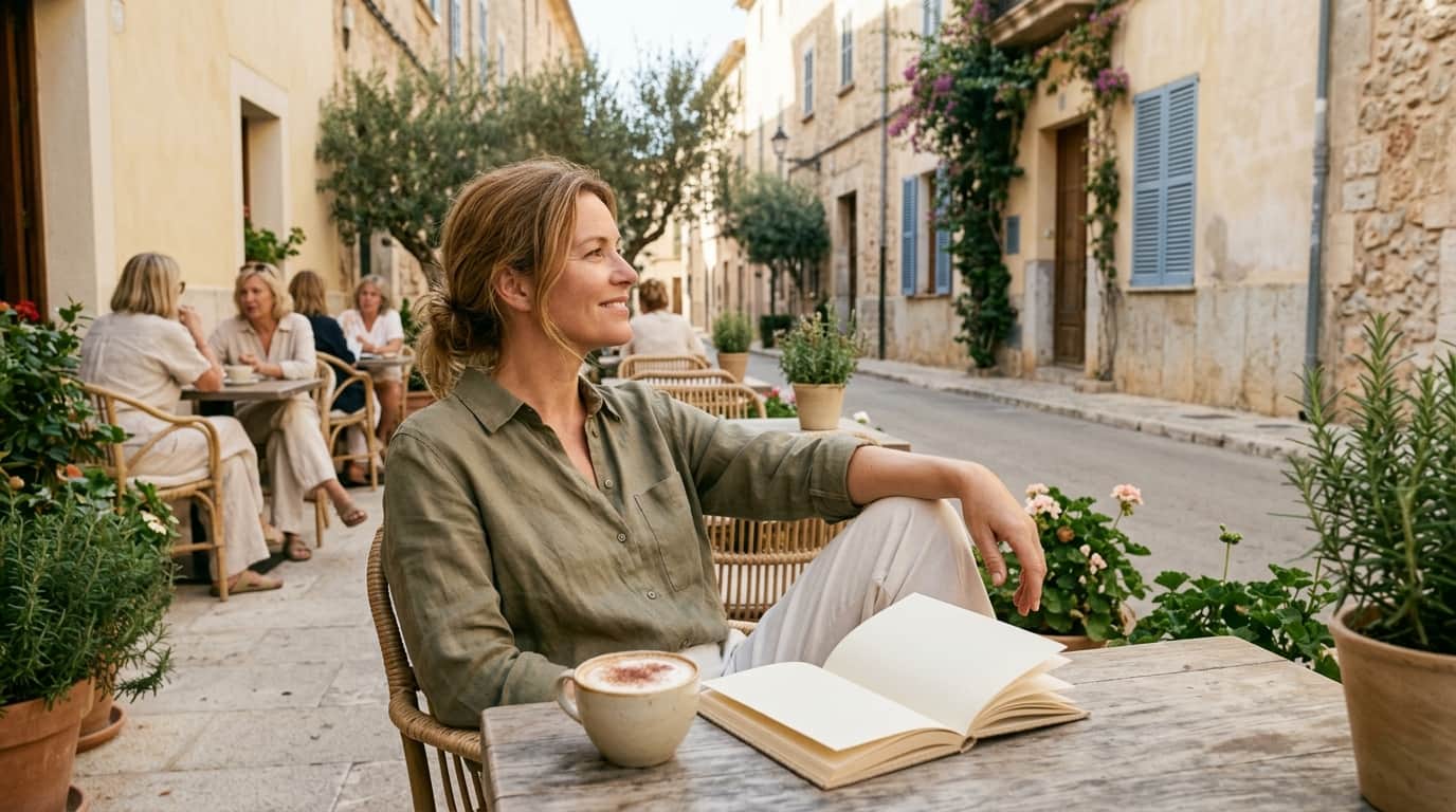 Woman in her 40s sitting at a sunny cafe terrace with a cappuccino and an open paperback book