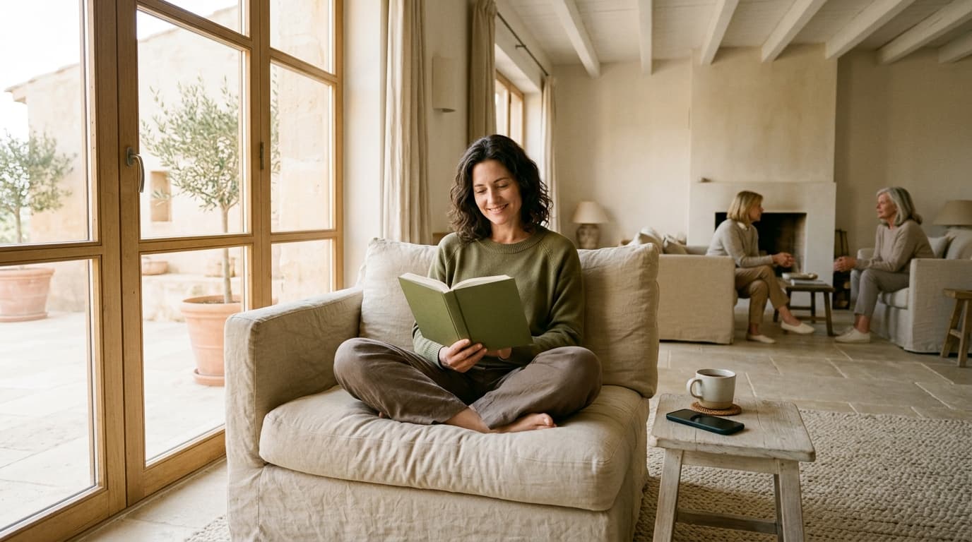 Woman in her early 40s with shoulder-length dark hair sits cross-legged on a linen sofa by a large sunny window