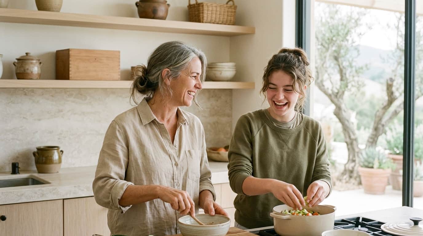 Woman in her 50s and her teenage daughter cooking together in a bright kitchen