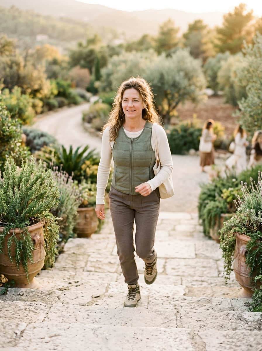Smiling woman in a green quilted vest and hiking shoes climbing stone steps past terracotta pots of herbs