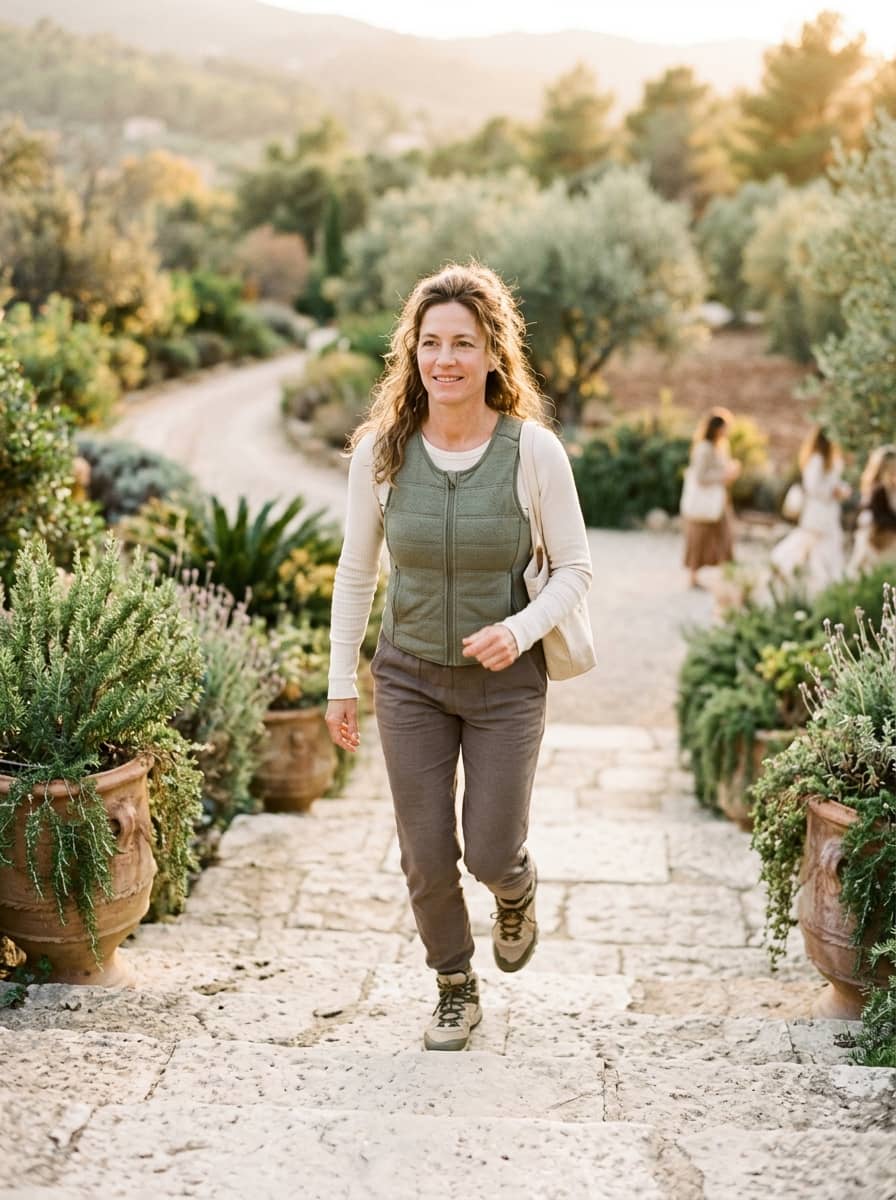 Smiling woman in a green quilted vest and hiking shoes climbing stone steps past terracotta pots of herbs