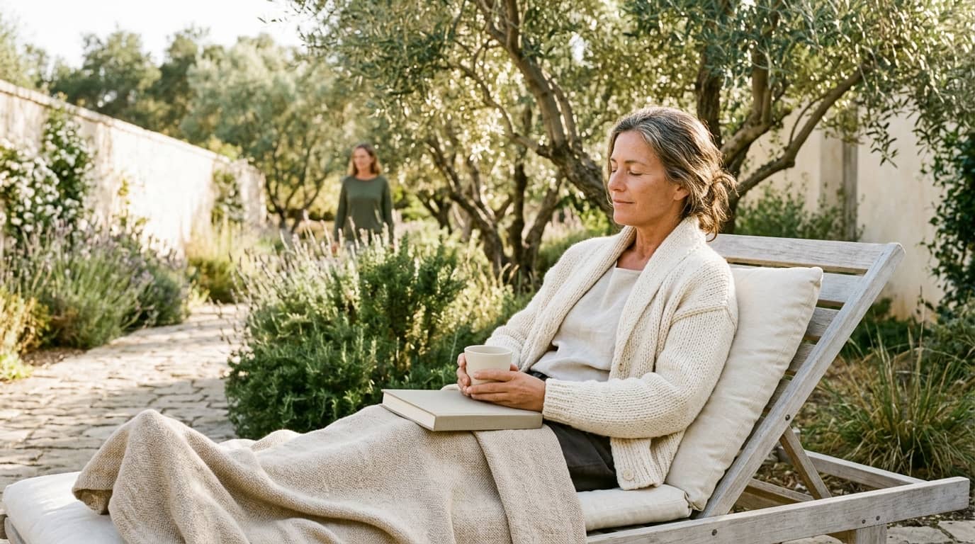 Woman in her early 50s wrapped in a cream knit cardigan sitting on a garden lounger with a cup of tea and a closed book