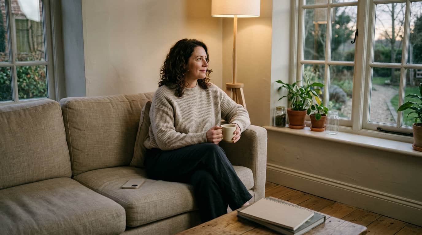 Woman in her early 40s with shoulder-length dark curly hair, wearing a soft oatmeal knit sweater