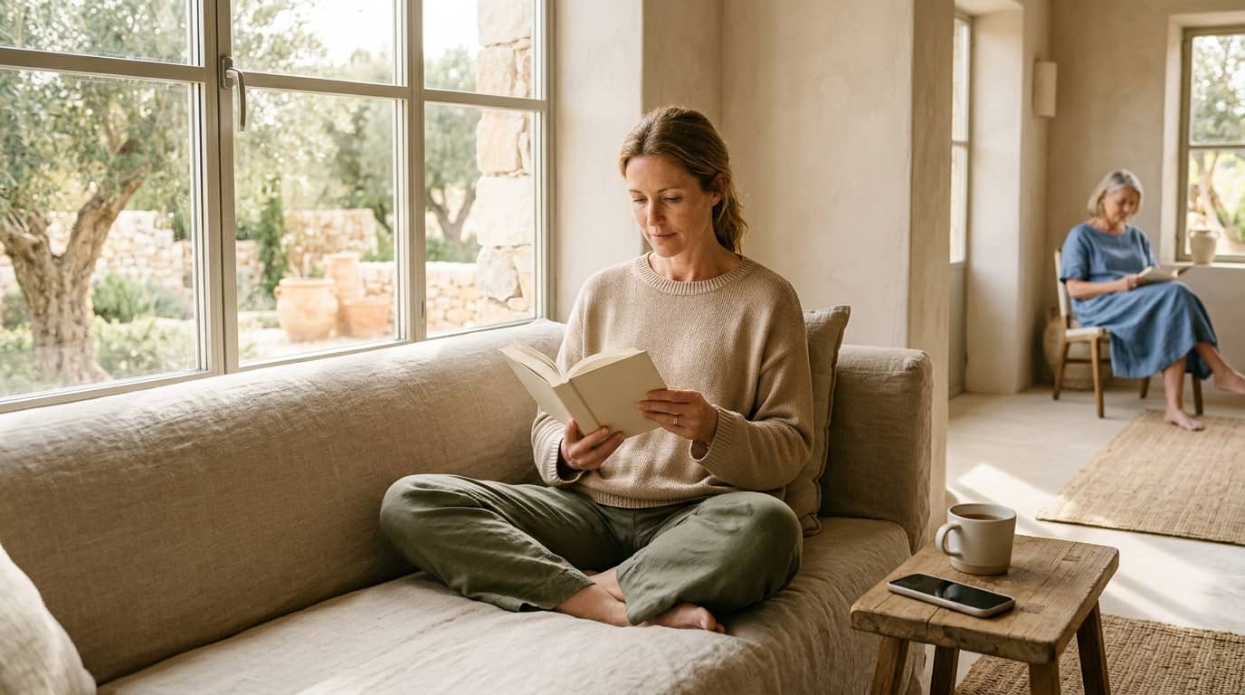 Woman in her 40s sitting cross-legged on a linen sofa by a sunny window