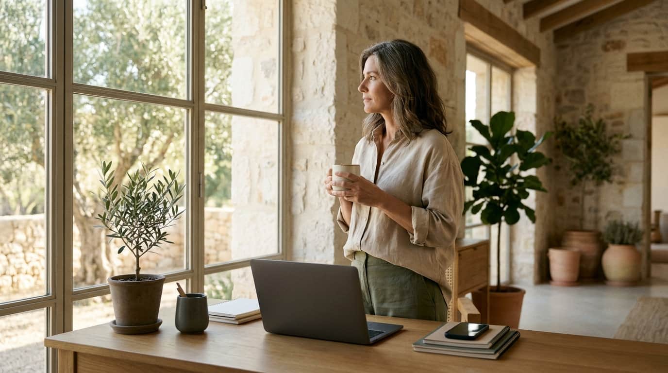 Woman in her mid 40s at a tidy home desk turned away from her closed laptop