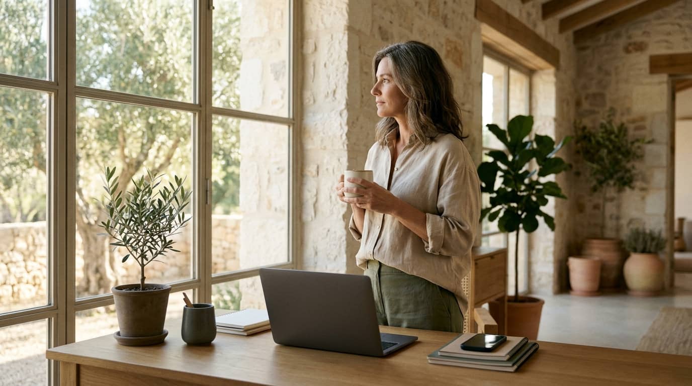 Woman in her mid 40s at a tidy home desk turned away from her closed laptop