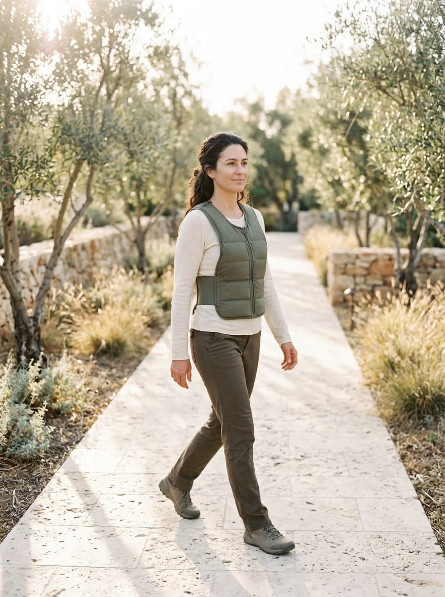 Woman in an olive quilted vest over a cream top walking along a pale stone path lined with olive trees and grasses