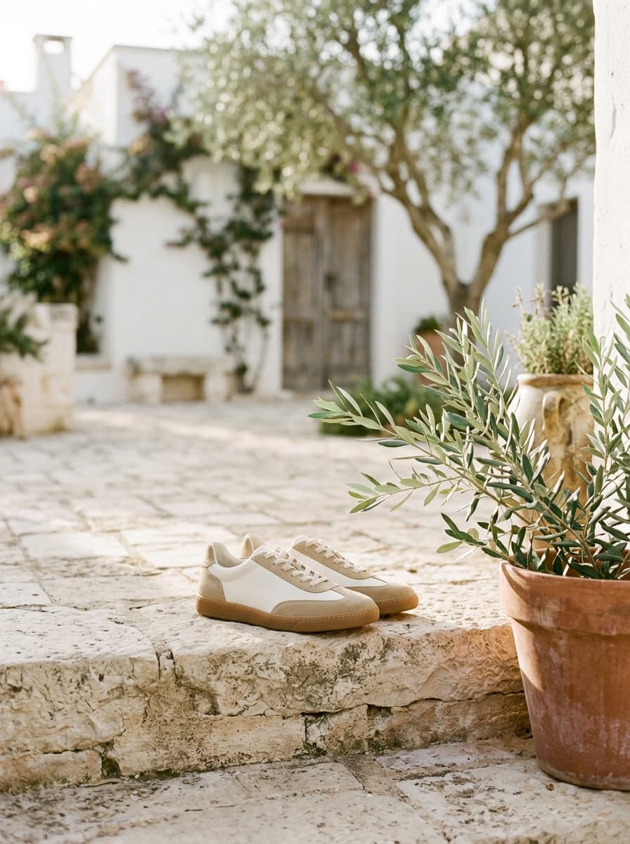 Pair of white and tan leather sneakers with gum soles on a stone step beside a potted olive branch