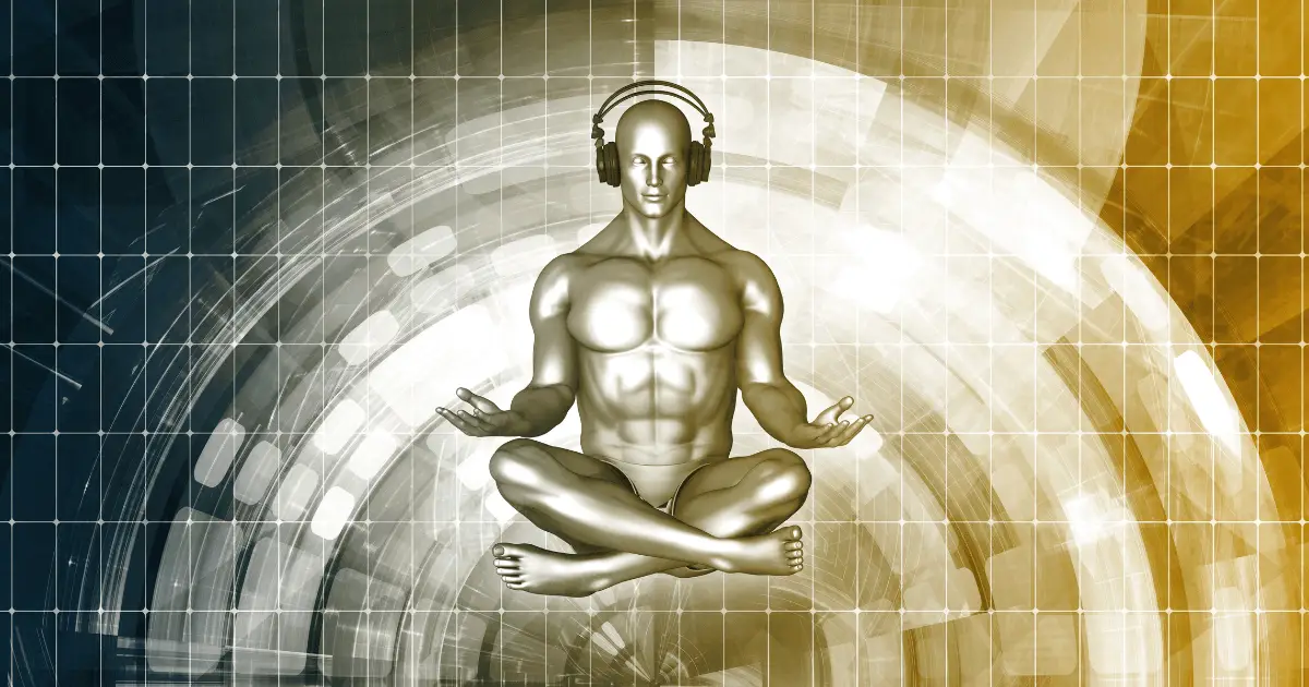 A man in a yoga pose, wearing headphones, listens to meditation music for a peaceful session.