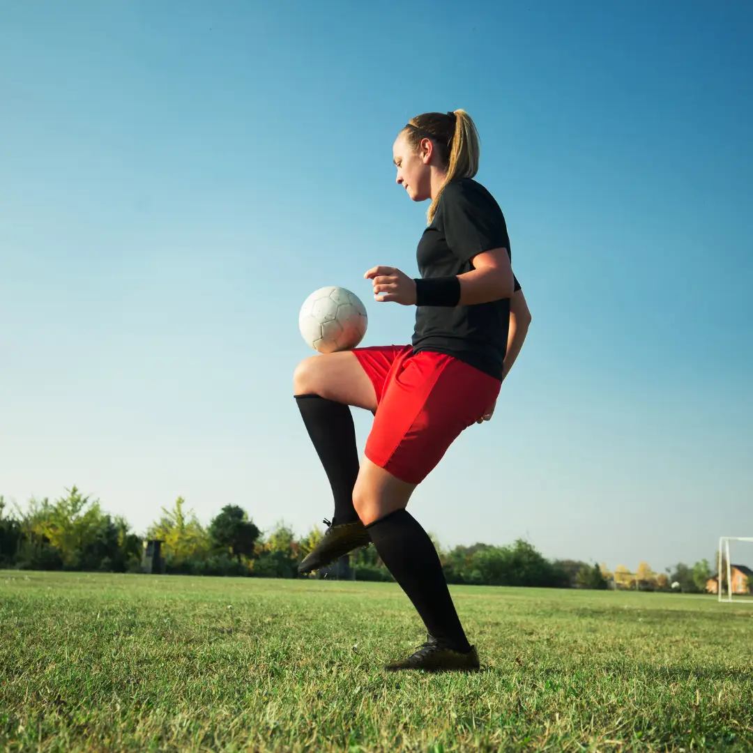 Health-focused woman promoting Games for Health through soccer.