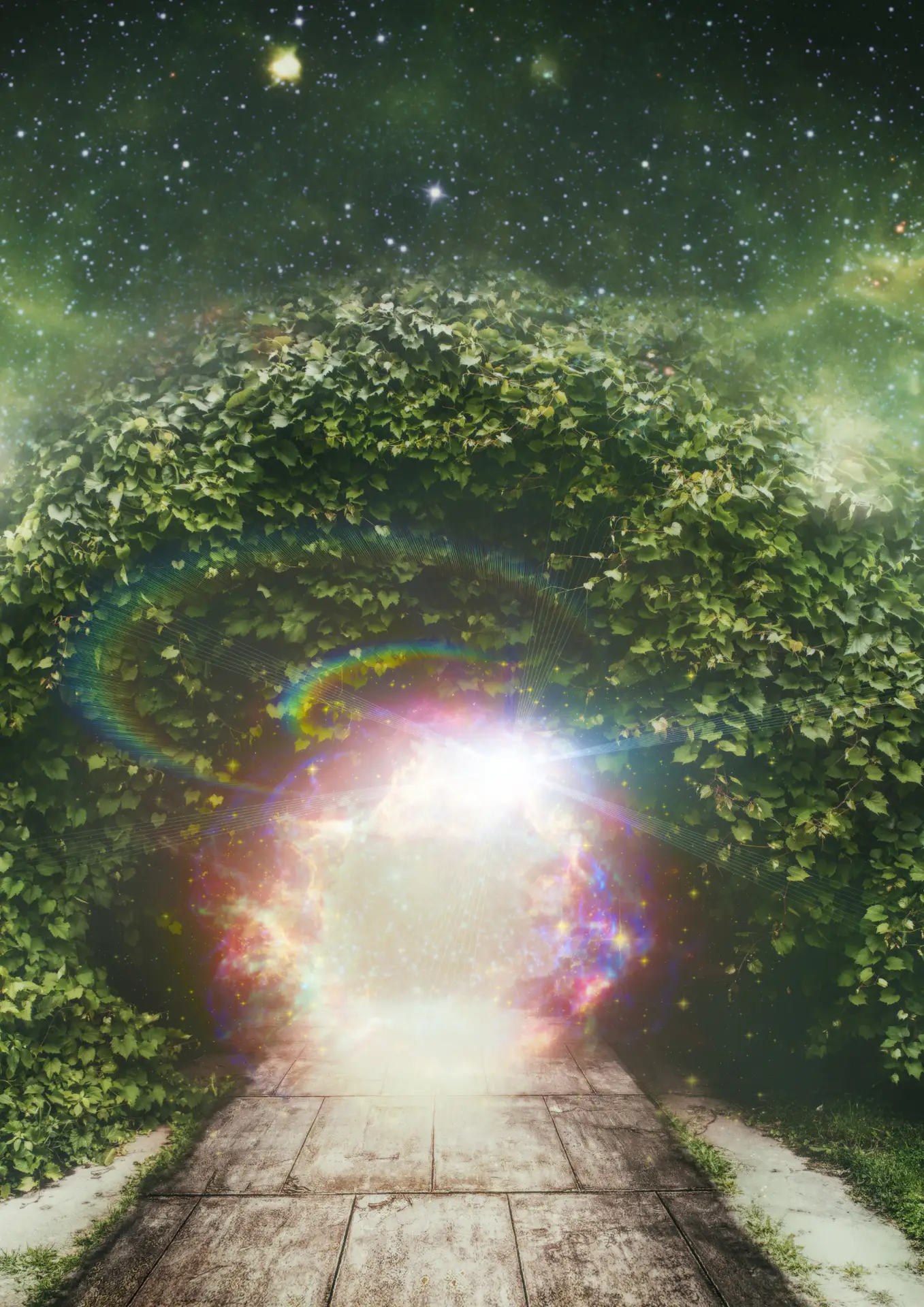 A path leading to a green tunnel with a bright light symbolizing Spiritual Awakening.