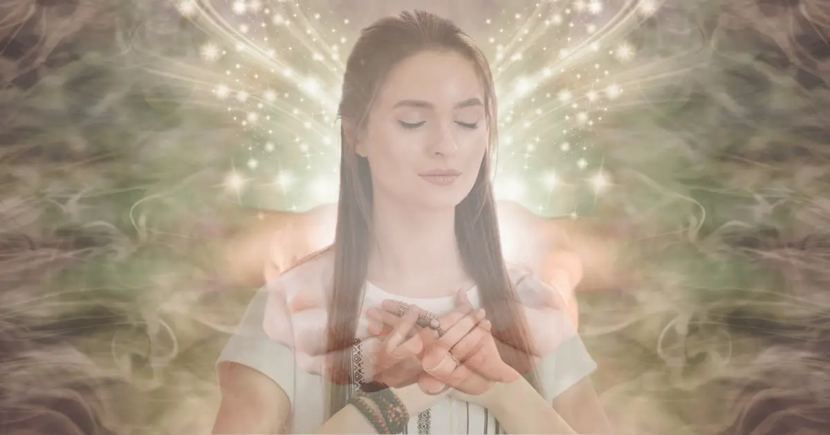 A woman in prayer, hands together, embodying the essence of quantum healing and spiritual connection.