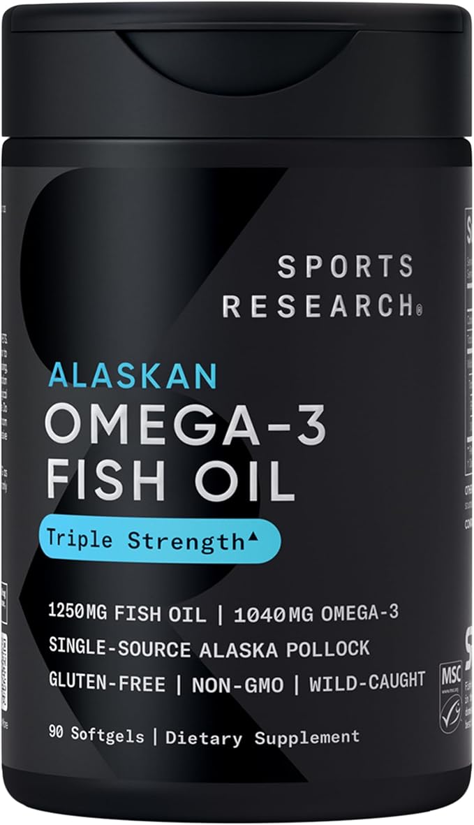 Sports Research Triple Strength Omega 3 Fish Oil - Burpless Fish Oil Supplement w/EPA & DHA Fatty Acids from Single-Source Wild Alaskan Pollock