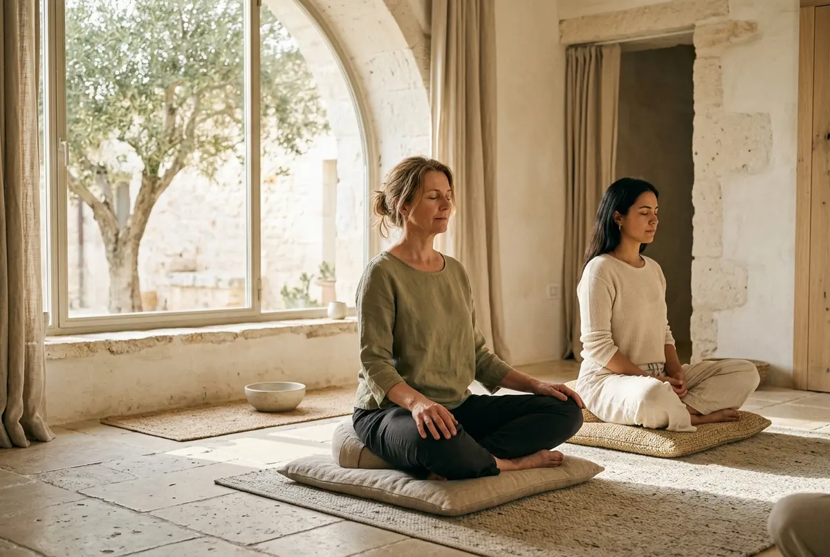 Two women practicing mindfulness meditation in a yoga studio.