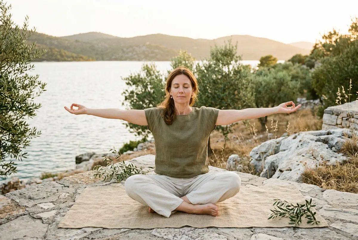 Woman practicing mindfulness meditation by a lake, sitting with arms outstretched.