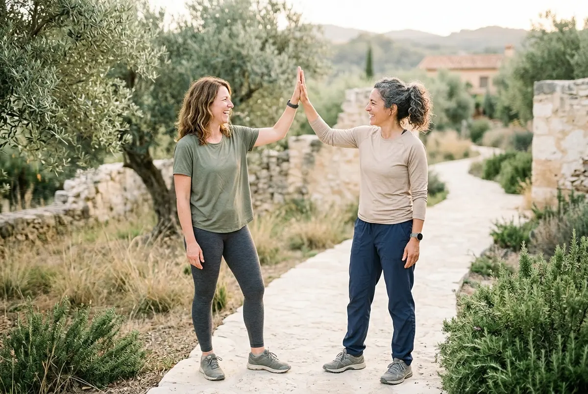 Two women smiling and high-fiving outdoors after exercising together