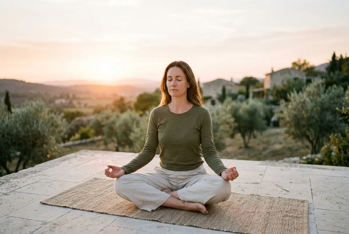 Woman practicing yoga at sunset, focusing on mindfulness meditation for 5 minutes.