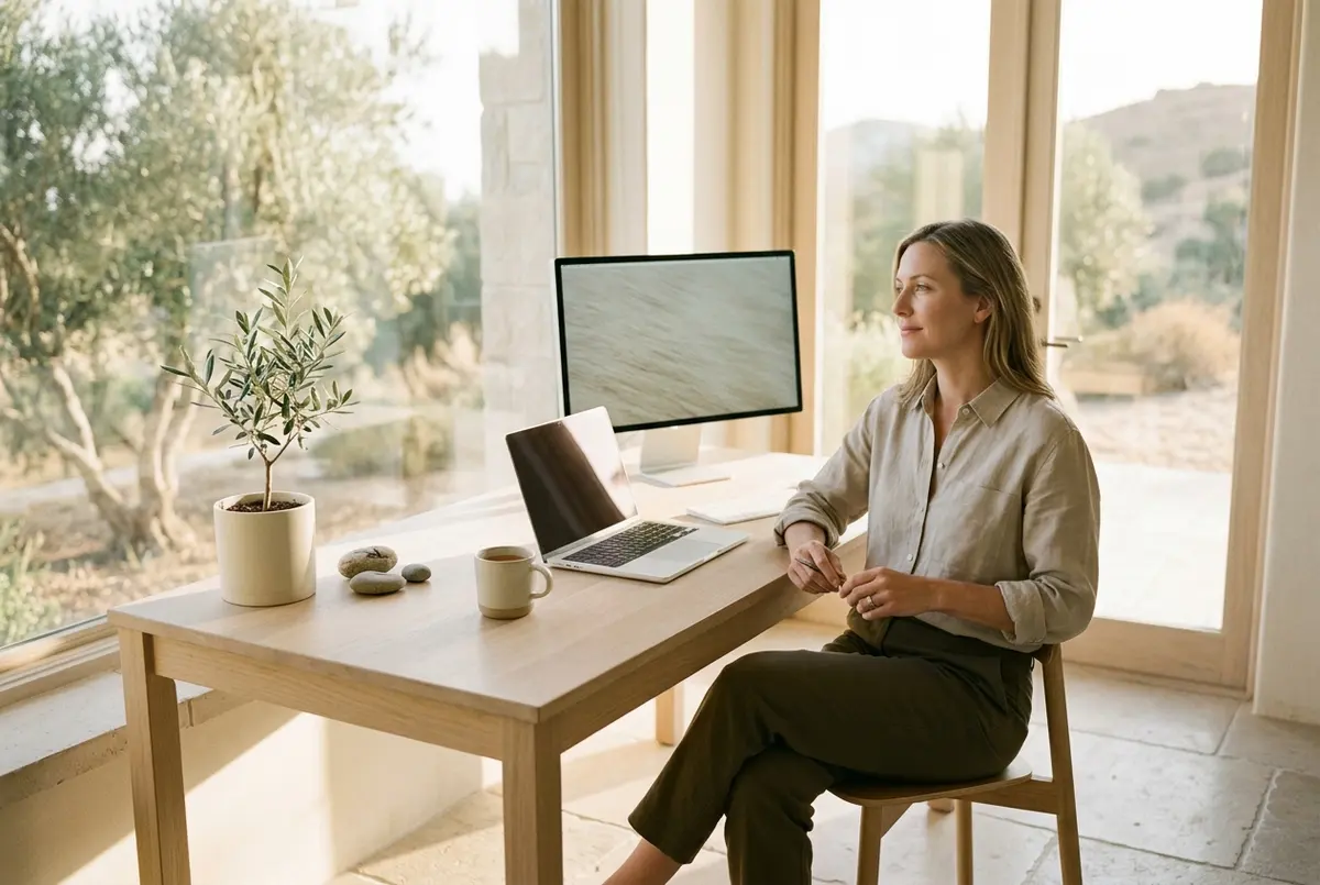 A quiet office desk with a computer monitor and laptop by a sunny window