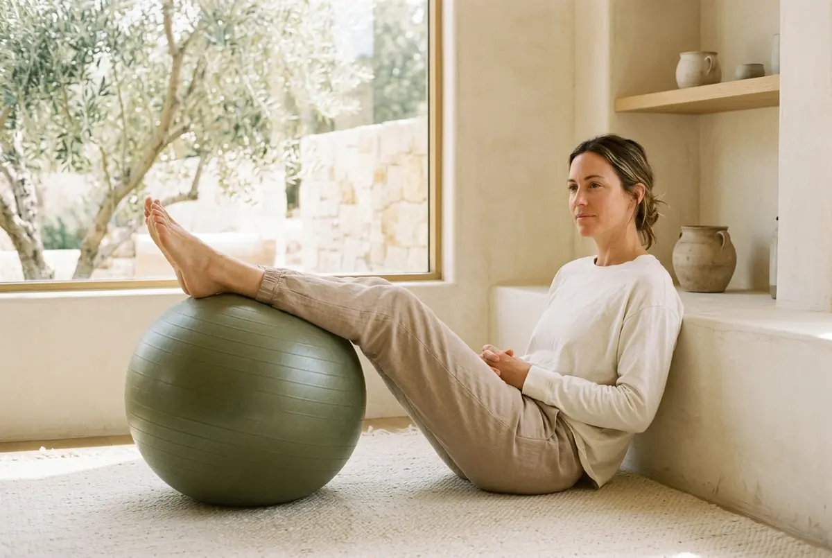 A woman resting her legs on an exercise ball during a gentle home workout in a sunlit room