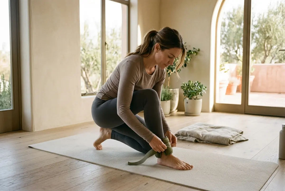 Woman putting on ankle weights before a home workout, kneeling on a yoga mat in bright natural light