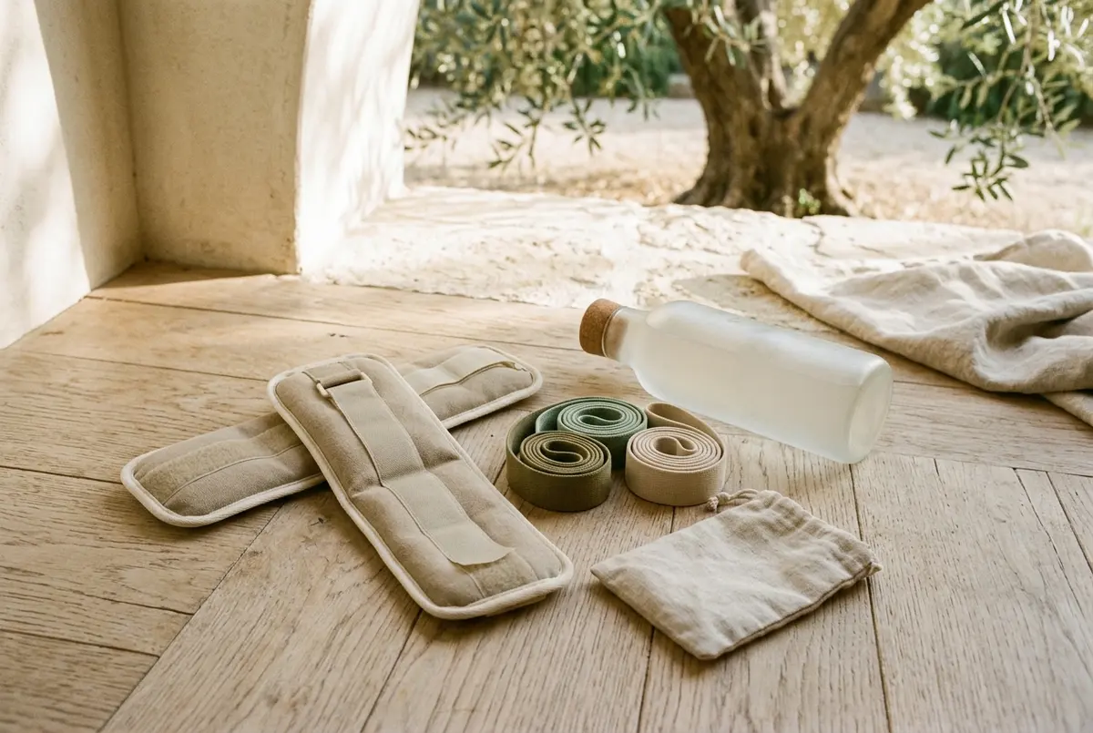 Ankle weights laid out on a wood floor beside resistance bands and a water bottle, flat lay fitness styling