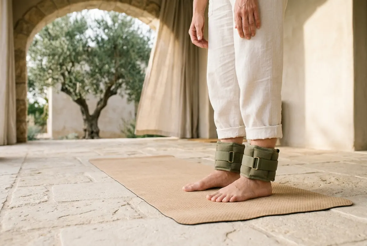 Close-up of ankle weights strapped around a woman's ankles on a yoga mat, ready for a leg lift workout