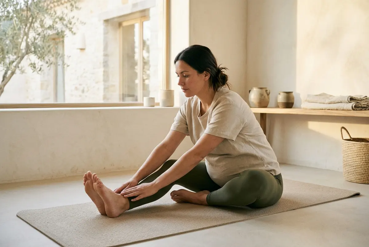 Pregnant woman doing gentle stretching exercise on a yoga mat at home