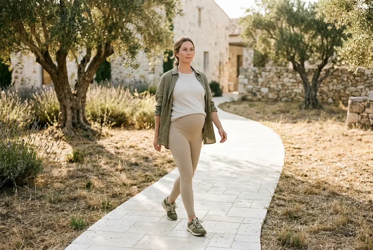 Pregnant woman walking outdoors on a sunny path wearing comfortable athletic wear
