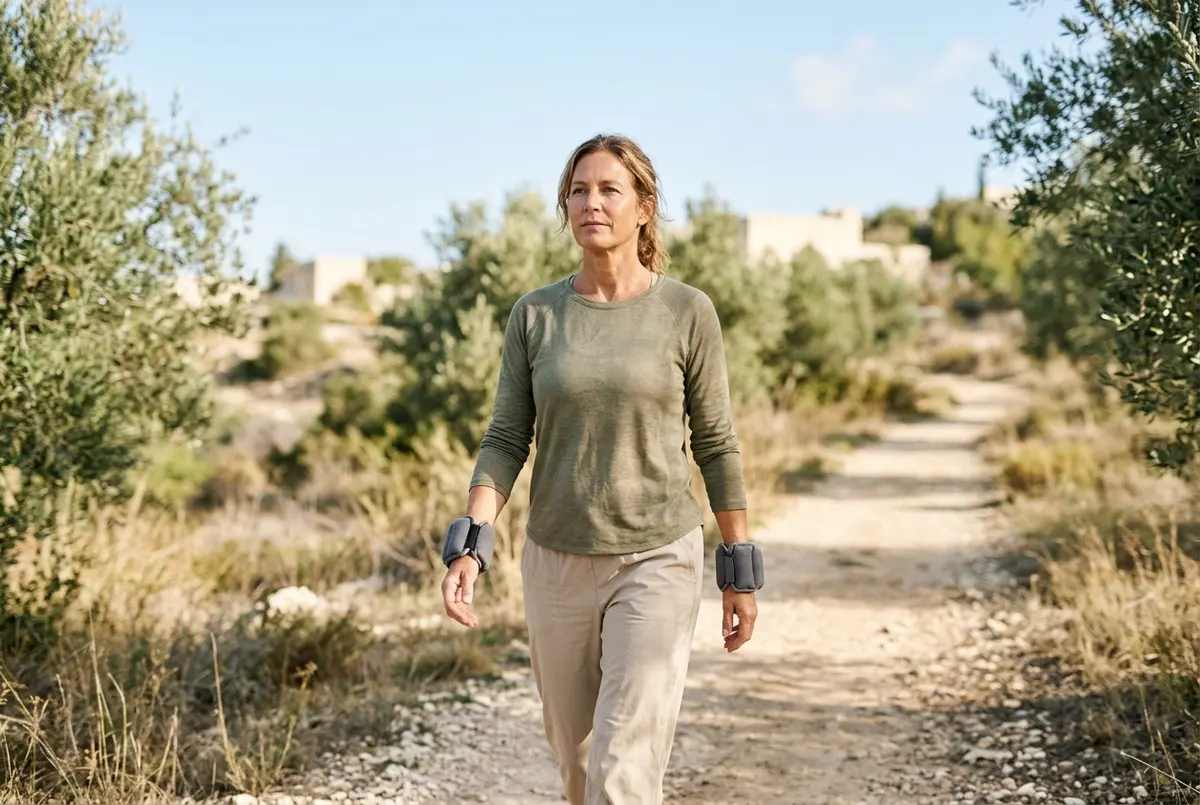 woman walking outdoors wearing wrist weights on a sunny trail