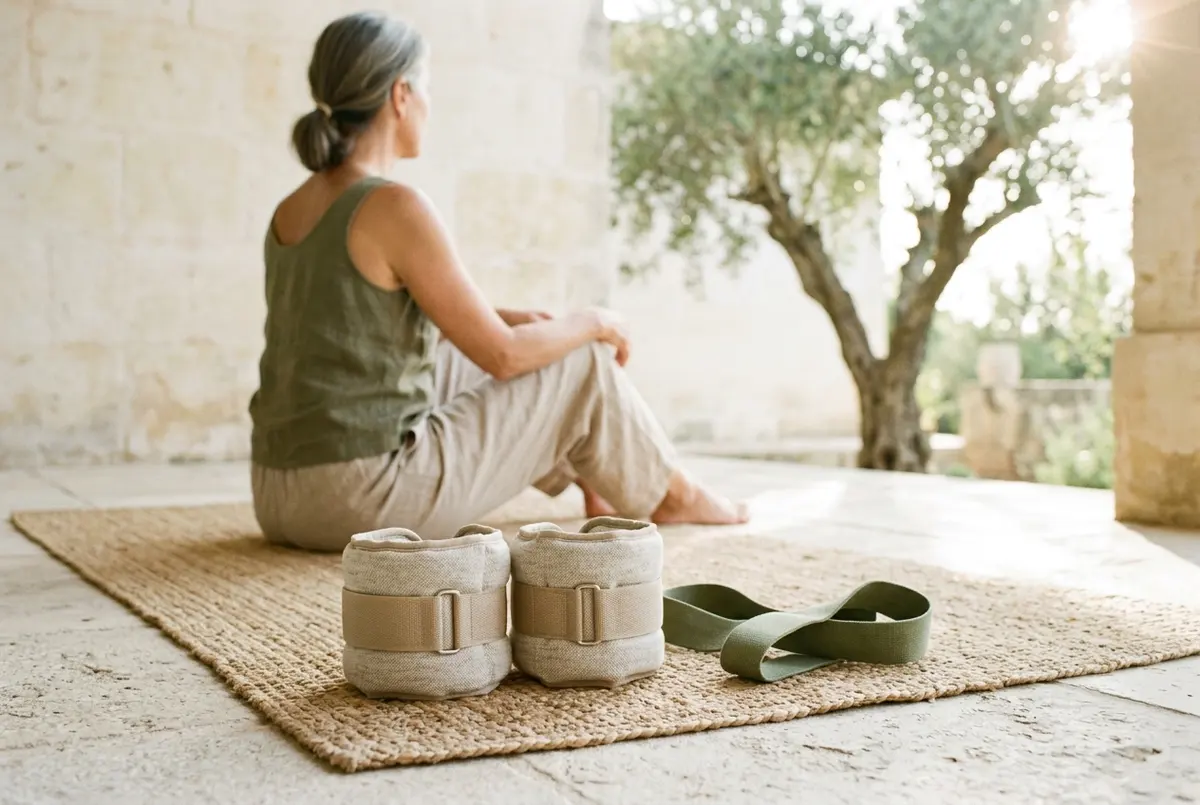 close-up of adjustable ankle weights on a yoga mat with resistance bands nearby