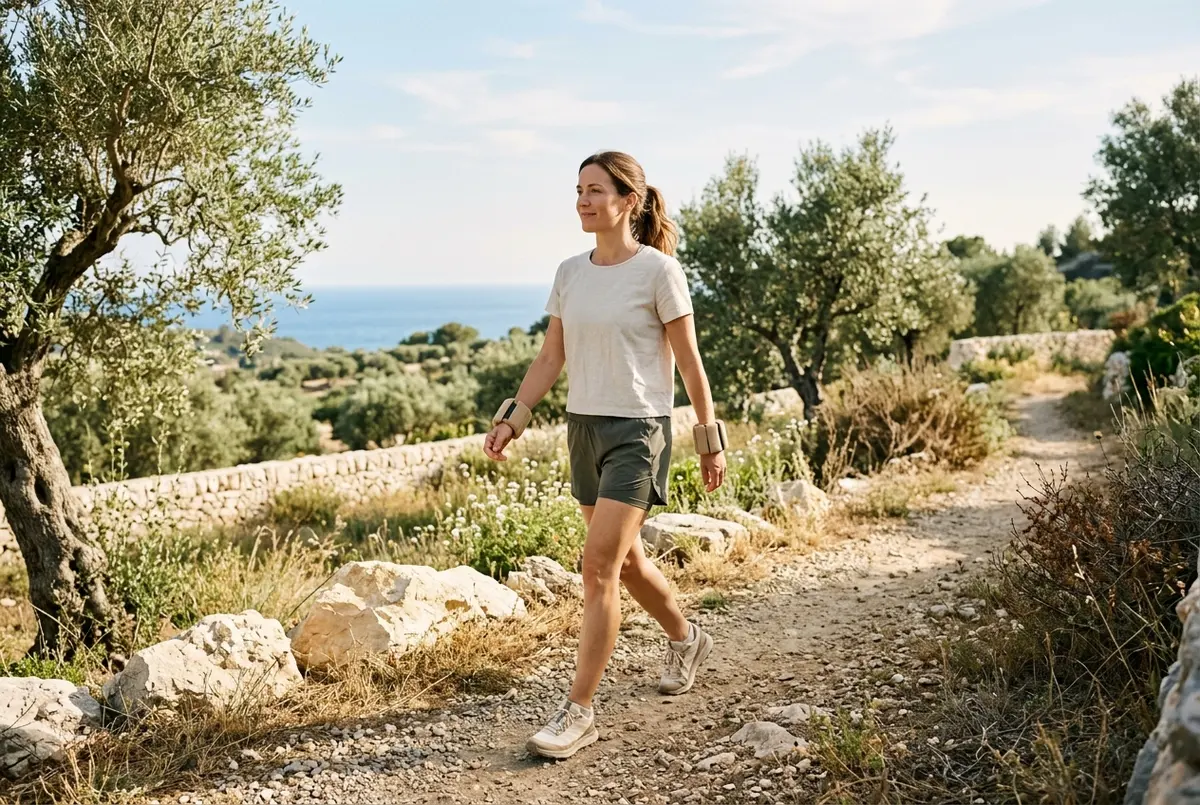 woman walking outdoors on a sunny trail wearing light wrist weights and athletic clothing