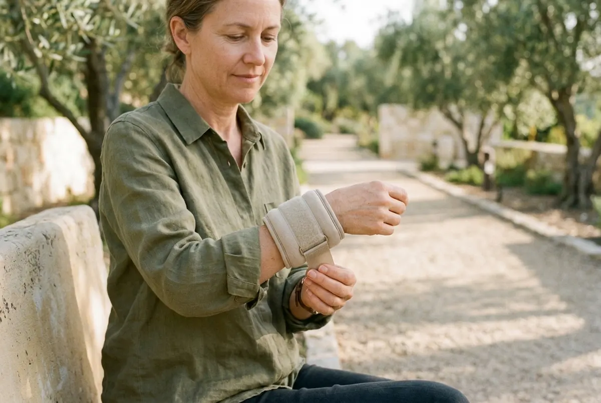 close-up of a woman fastening a soft wrist weight cuff before a morning walk in a park